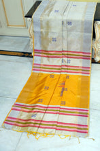 Handwoven Bishnupuri Kalakshetra Katan Silk Saree in Platinum White, Navy Blue, Red and Honey Yellow