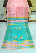 Handwoven Bishnupuri Kalakshetra Katan Silk Saree in Soft Pink, Medium Turquoise, Yellow and Dark Brown
