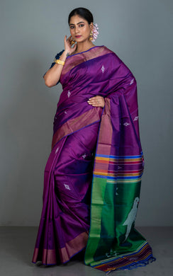 Handwoven Bishnupuri Kalakshetra Katan Silk Saree in Purple, Natural Green and Multicolored