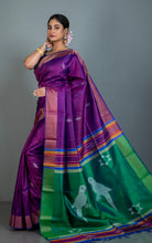 Handwoven Bishnupuri Kalakshetra Katan Silk Saree in Purple, Natural Green and Multicolored