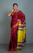 Handwoven Bishnupuri Kalakshetra Katan Silk Saree in Maroon, Olive Golden Yellow and Multicolored