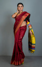 Handwoven Bishnupuri Kalakshetra Katan Silk Saree in Maroon, Olive Golden Yellow and Multicolored