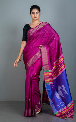 Handwoven Bishnupuri Kalakshetra Katan Silk Saree in Purple, Royal Blue and Multicolored