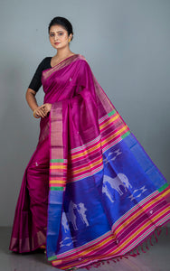 Handwoven Bishnupuri Kalakshetra Katan Silk Saree in Purple, Royal Blue and Multicolored