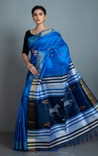 Handwoven Bishnupuri Kalakshetra Katan Silk Saree in Bright Blue, Grey, Sapphire Blue and Multicolored