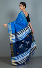 Handwoven Bishnupuri Kalakshetra Katan Silk Saree in Bright Blue, Grey, Sapphire Blue and Multicolored