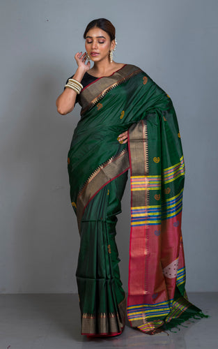 Handwoven Bishnupuri Kalakshetra Katan Silk Saree in Dark Green, Red, Black and Multicolored