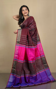 Handwoven Bishnupuri Checks Katan Silk Saree in Garnet, Off White, Bright Pink and Purple