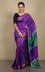 Handwoven Bishnupuri Checks Katan Silk Saree in Purple, Off White and Paste Green