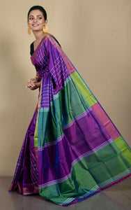Handwoven Bishnupuri Checks Katan Silk Saree in Purple, Off White and Paste Green