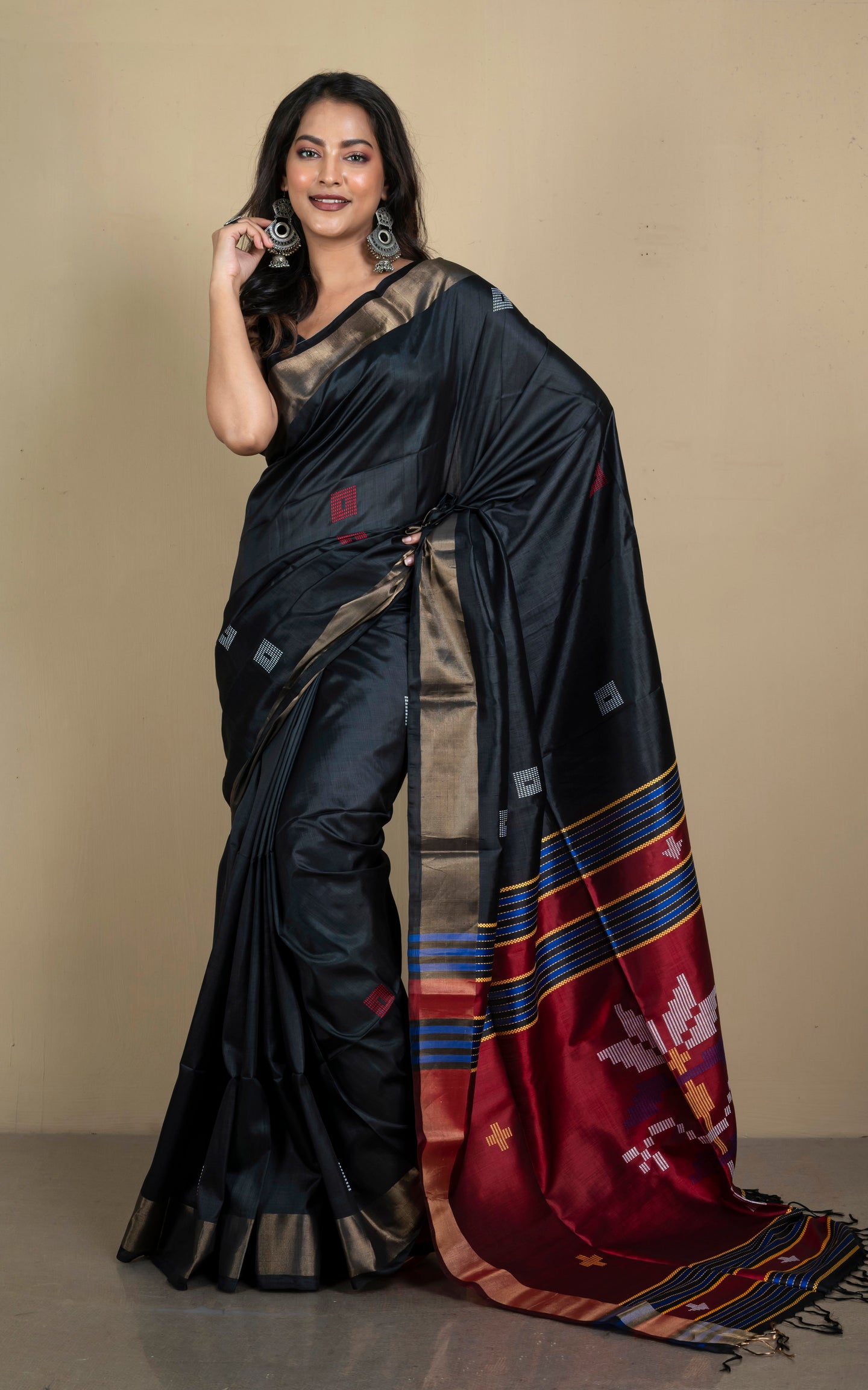Handwoven Bishnupuri Kalakshetra Katan Silk Saree in Black, Dark Red, Blue and Off White