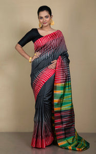 Bishnupuri Double Ikkat Pure Silk Saree in Soot Black, Red and Multicolored