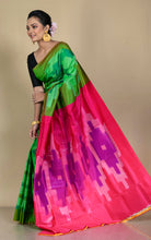 Bishnupuri Pochampally Ikkat Silk Saree in Green. Cerise Pink and Multicolored