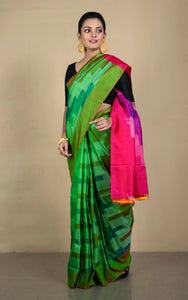 Bishnupuri Pochampally Ikkat Silk Saree in Green. Cerise Pink and Multicolored