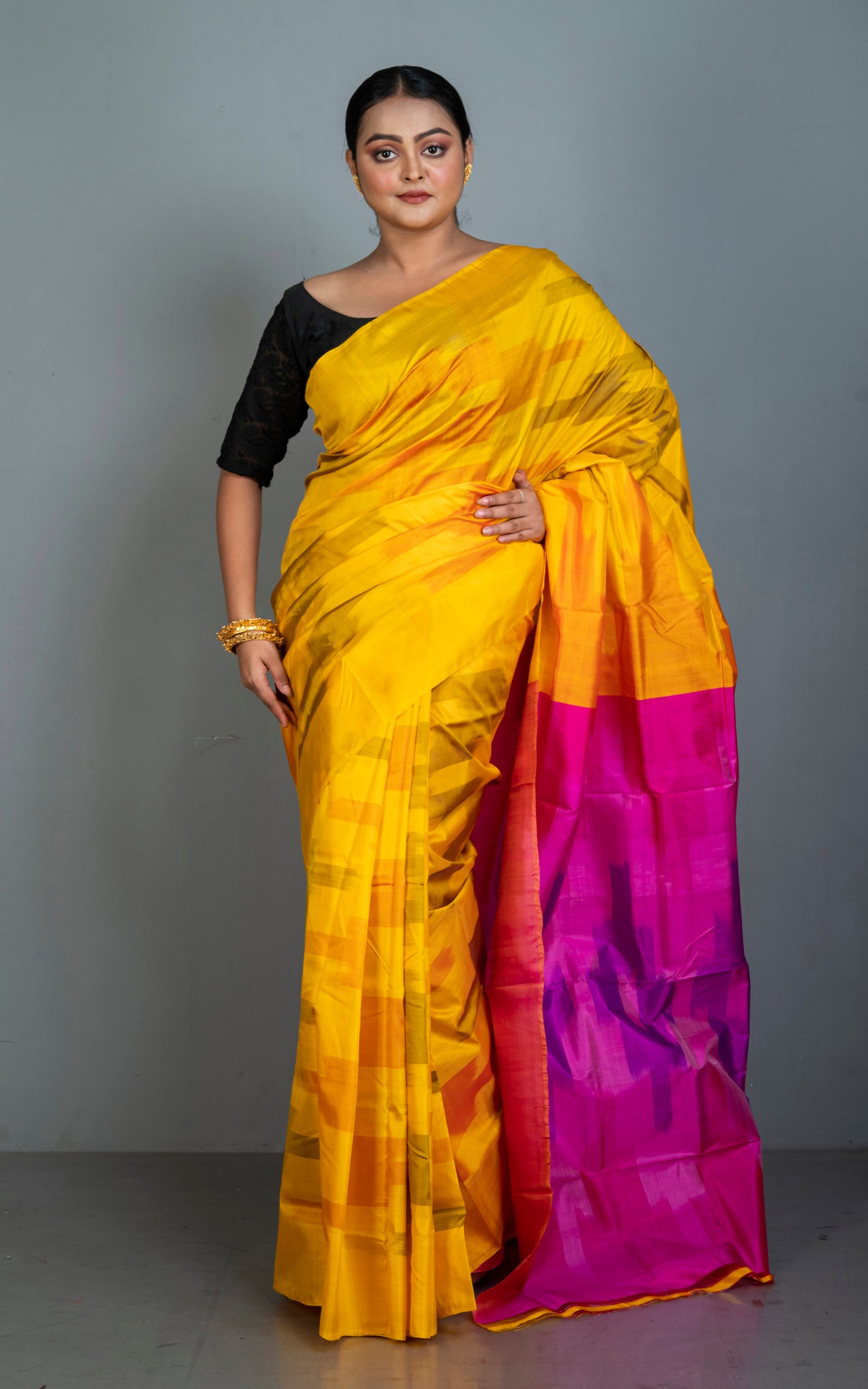 Bishnupuri Pochampally Ikkat Silk Saree in Golden Yellow and Multicolored