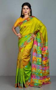 Lambani Hand Work on Soft Bishnupuri 3D Katan Silk Saree in Lime Yellow, Pale Red, Natural Green and Multicolored