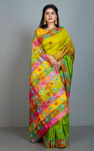 Lambani Hand Work on Soft Bishnupuri 3D Katan Silk Saree in Lime Yellow, Pale Red, Natural Green and Multicolored