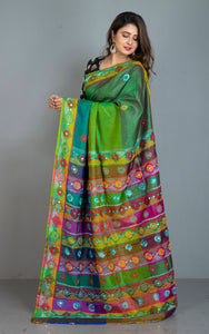 Lambani Hand Work on Soft Bishnupuri 3D Katan Silk Saree in Rama Green, Natural Green, Dark Green and Multicolored