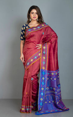 Lambani Hand Work on Soft Bishnupuri 3D Katan Silk Saree in Brick Red, Orange, Royal  Blue and Multicolored