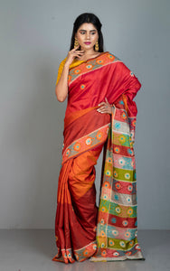 Lambani Hand Work on Soft Bishnupuri 3D Katan Silk Saree in Brown, Amber, Rustic Red and Multicolored