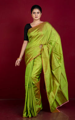 Soft Bishnupuri Katan Silk Saree in Bamboo Green and Rust Brown