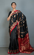 Traditional Bishnupuri Swarnachari Pure Silk Saree in Black, Dark Red and Matt Gold