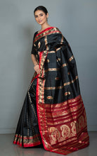 Traditional Bishnupuri Swarnachari Pure Silk Saree in Black, Dark Red and Matt Gold