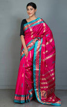 Traditional Bishnupuri Swarnachari Pure Silk Saree in Persian Rose, Dark Cyan and Matt Gold
