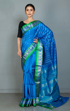 Bishnupuri Open Border Crowned Temple Nakshi Motif Work with Piasley Minakari Hazar Butta Pure Katan Silk Saree in Water Blue, Irish Green and Matt Gold