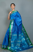 Bishnupuri Open Border Crowned Temple Nakshi Motif Work with Piasley Minakari Hazar Butta Pure Katan Silk Saree in Water Blue, Irish Green and Matt Gold