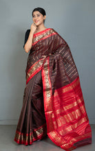 Bishnupuri Open Border Crowned Temple Nakshi Motif Work with Piasley Minakari Hazar Butta Pure Katan Silk Saree in Dark Wine, Falu Red and Matt Gold