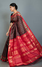 Bishnupuri Open Border Crowned Temple Nakshi Motif Work with Piasley Minakari Hazar Butta Pure Katan Silk Saree in Dark Wine, Falu Red and Matt Gold