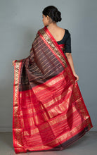 Bishnupuri Open Border Crowned Temple Nakshi Motif Work with Piasley Minakari Hazar Butta Pure Katan Silk Saree in Dark Wine, Falu Red and Matt Gold