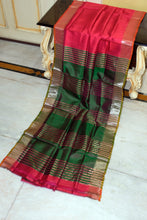 Handwoven Pencil Temple Border Bishnupuri Gadwal Silk Saree in Persian Red, Evergreen and Coral Orange