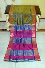 Handwoven Pencil Temple Border Bishnupuri Gadwal Silk Saree in Trendy Green, Warm Purple and Royal Blue