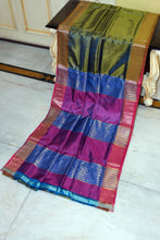 Handwoven Pencil Temple Border Bishnupuri Gadwal Silk Saree in Trendy Green, Warm Purple and Royal Blue