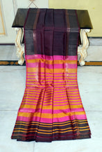 Handwoven Pencil Temple Border Bishnupuri Gadwal Silk Saree in Bleached Cedar, Raspberry Pink and Dusty Orange