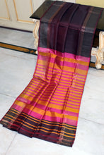 Handwoven Pencil Temple Border Bishnupuri Gadwal Silk Saree in Bleached Cedar, Raspberry Pink and Dusty Orange