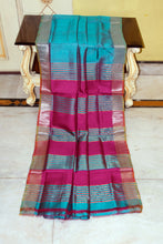 Handwoven Pencil Temple Border Bishnupuri Gadwal Silk Saree in Eastern Blue, Purplish Red and Olive Green