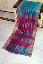 Handwoven Pencil Temple Border Bishnupuri Gadwal Silk Saree in Eastern Blue, Purplish Red and Olive Green