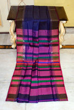 Handwoven Pencil Temple Border Bishnupuri Gadwal Silk Saree in Cloudburst Blue, Grape Purple and Multicolored