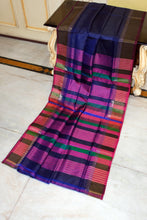 Handwoven Pencil Temple Border Bishnupuri Gadwal Silk Saree in Cloudburst Blue, Grape Purple and Multicolored