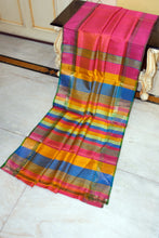 Handwoven Pencil Temple Border Bishnupuri Gadwal Silk Saree in Peach, Bright Yellow and Multicolored