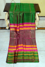 Handwoven Pencil Temple Border Bishnupuri Gadwal Silk Saree in Parsley Green, Bright Yellow, Brown and Cerise Pink
