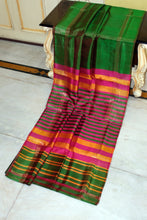 Handwoven Pencil Temple Border Bishnupuri Gadwal Silk Saree in Parsley Green, Bright Yellow, Brown and Cerise Pink