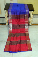 Handwoven Pencil Temple Border Bishnupuri Gadwal Silk Saree in Purplish Blue, Cardinal Red and Snuff Brown
