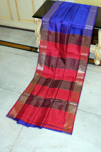 Handwoven Pencil Temple Border Bishnupuri Gadwal Silk Saree in Purplish Blue, Cardinal Red and Snuff Brown