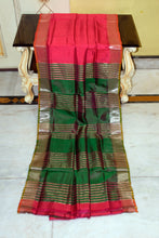 Handwoven Pencil Temple Border Bishnupuri Gadwal Silk Saree in Persian Red, Evergreen and Coral Orange