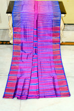 Bishnupuri Double Ikkat Pure Silk Saree in Neon Fuchsia. Persian Blue and Deep Rose