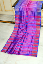 Bishnupuri Double Ikkat Pure Silk Saree in Neon Fuchsia. Persian Blue and Deep Rose